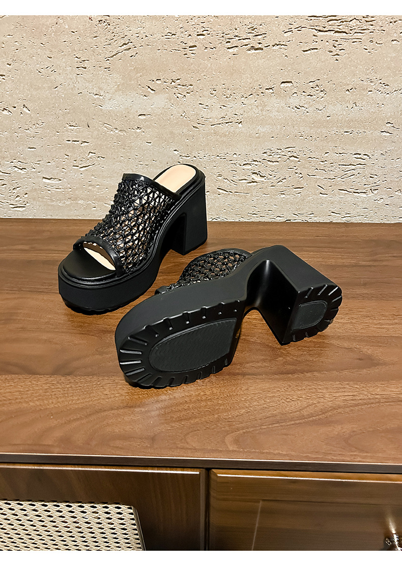 Sandal cao gót nữ hở mũi đế xuồng gót 10 cm quai ngang bện — màu đen, bạc chi tiết 16