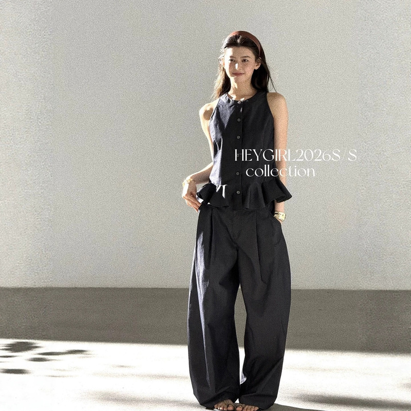 Heygirl Black Girl Style Outfit Ruffled Sleeveless Shirt Vest Top Wide-Leg Pants Set