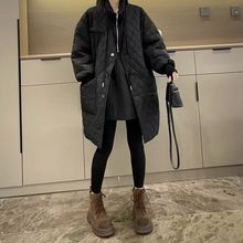 欧货黑色中长款夹棉棉服女冬季高级感棉衣2023新款高级感菱格外套