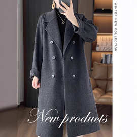 新款羊毛呢双面呢羊毛大衣女士高档双排扣长款秋冬季赫本风外套