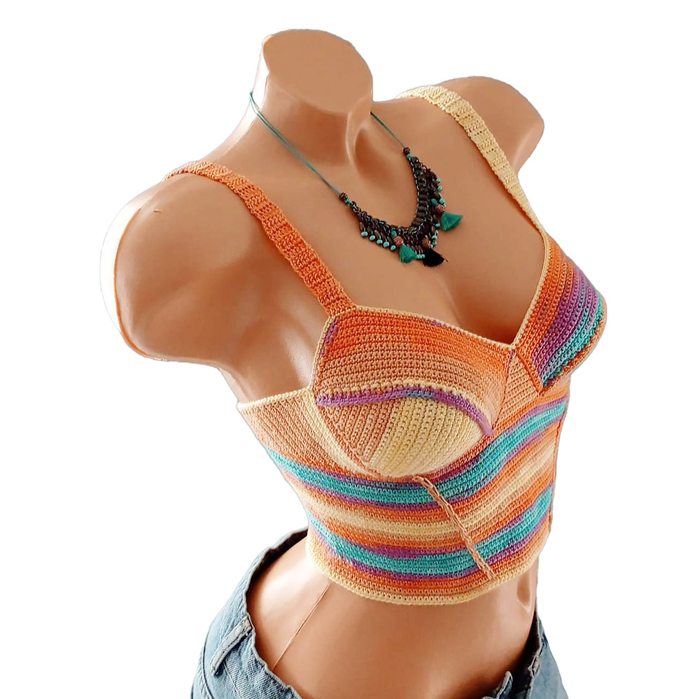 欧美新款海边温泉度假性感吊带沙滩上衣女夏季露背手工钩编裹胸