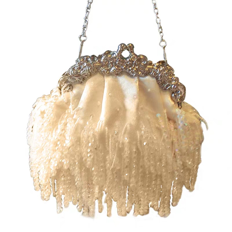 Socialite Vintage Tassel Satin Beaded Embroidered Bridal Handbag Women's Cheongsam Banquet Bag_voghion.com