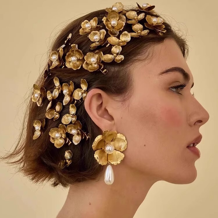 ヨーロッパとアメリカの国境を越えた新しいスタイルの金色の花のヘアピンサイド前髪クリップハイエンドヘアアクセサリー頭飾りニッチサイドクリップ|undefined