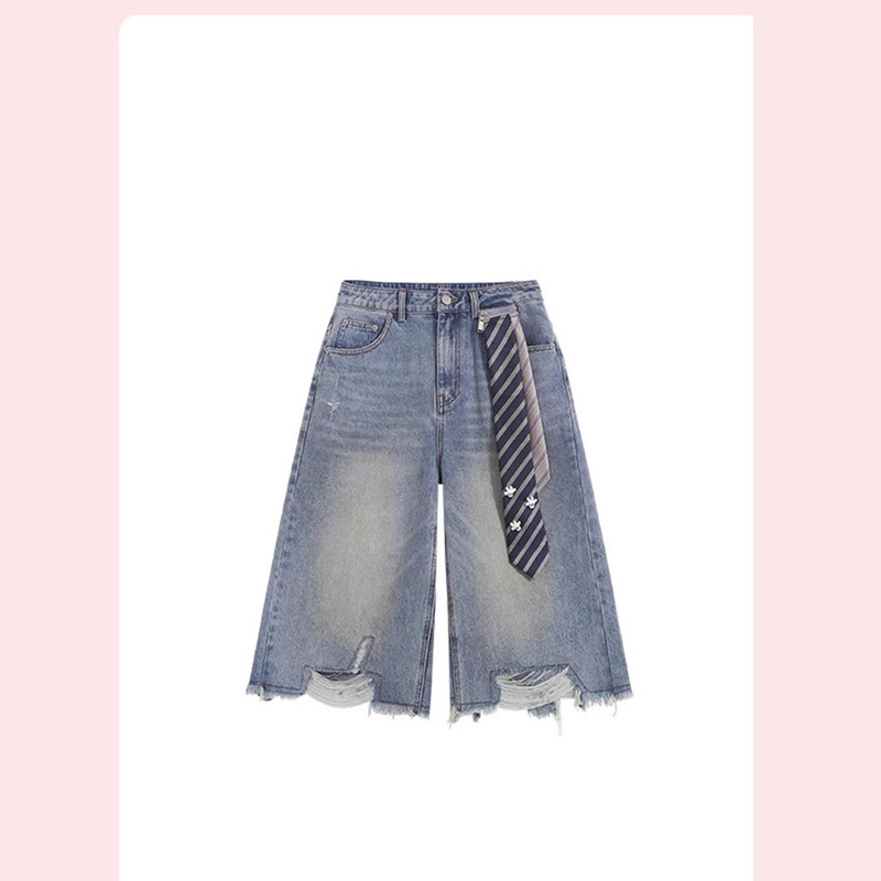 Sweet Cool Hot Girl American Style Ripped Cropped Jeans for Women Summer New Loose Slimming Raw Edge Wide Leg Mid-Pants