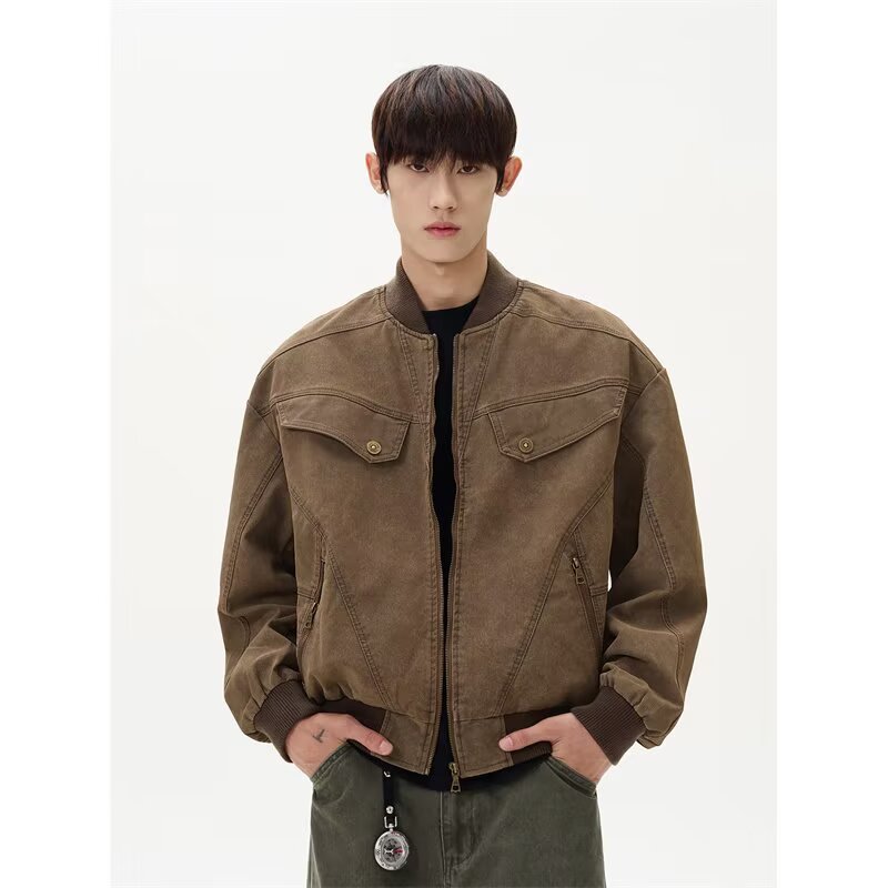 Cleanfit brown oversized short work jacket for men, spring/autumn trendy American-style Harrington jacket