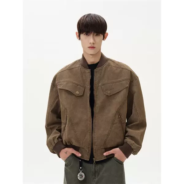 Cleanfit brown oversized short work jacket for men, spring/autumn trendy American-style Harrington jacket