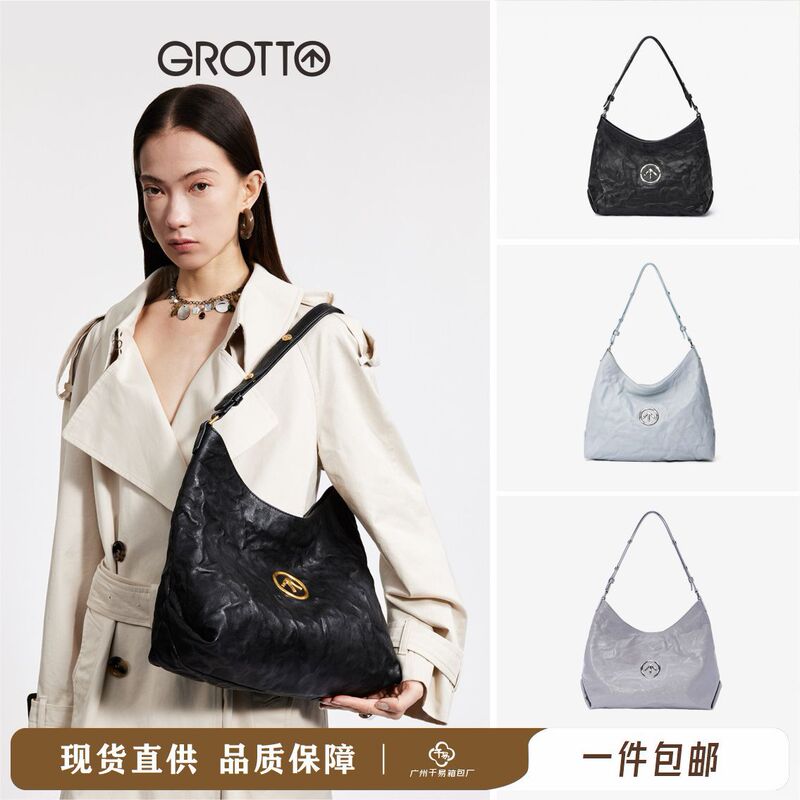Gro Classic Black Stone Hobo Bag in Vegetable-Tanned Sheepskin, Underarm Shoulder Crossbody Tote Bag, Large Capacity for Commuting