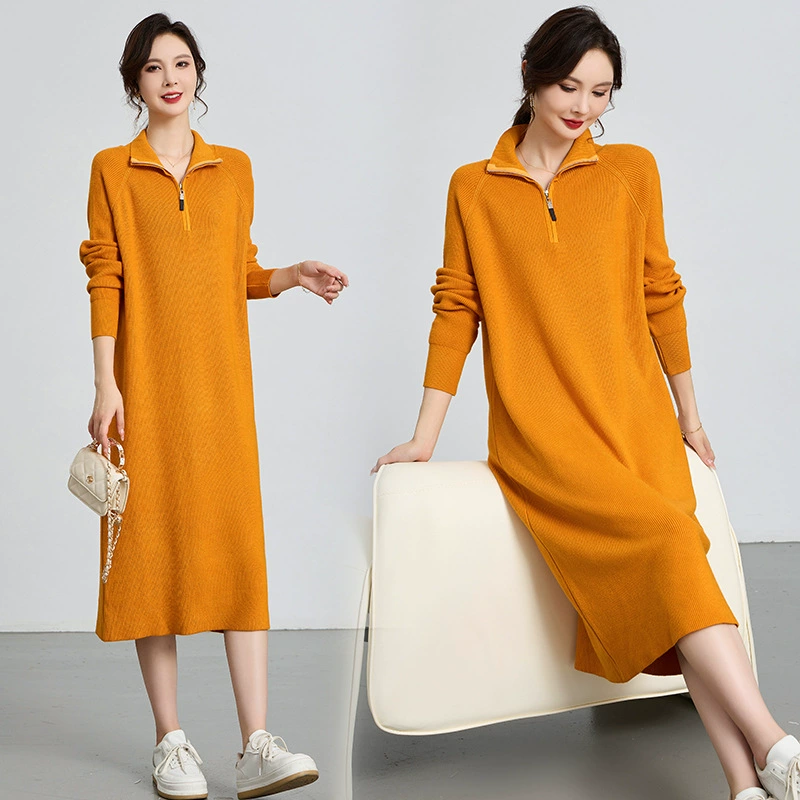 Женское свободное платье в стиле ленивого шика 2024, новинка осени и зимы, свитер с лацканами и молнией, длинное свободное пальто и юбка