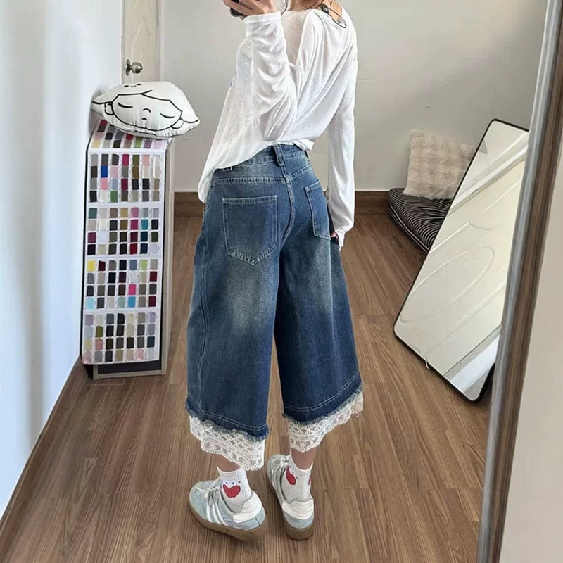 American Retro Design Lace Patchwork Cropped Jeans for Women, Straight Loose Fit, Flattering and Stylish Casual Pants