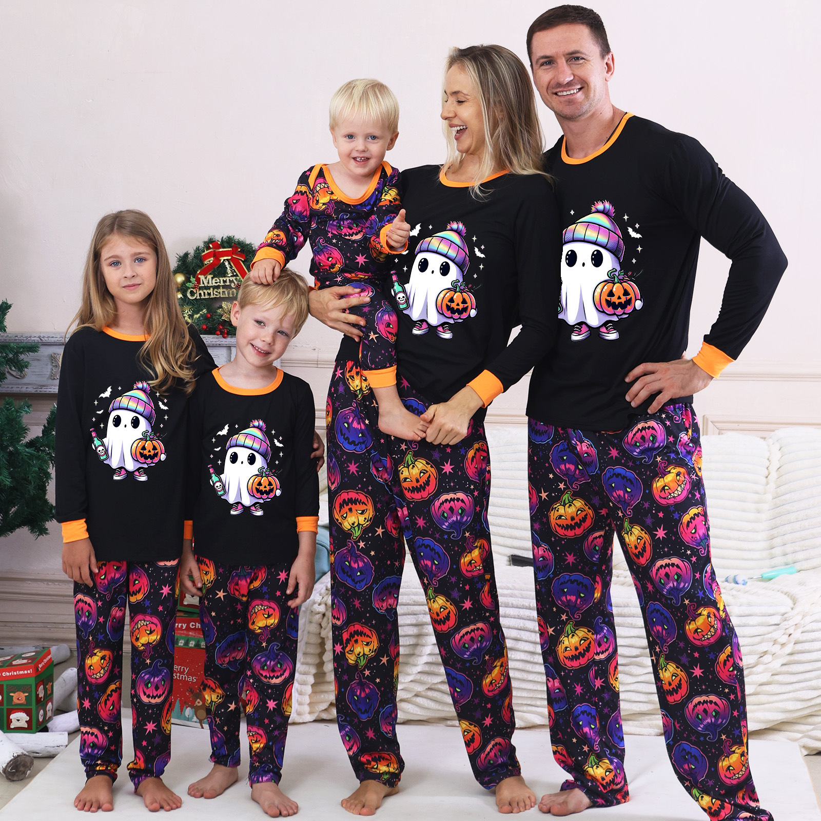 Tianming Clothing European and American Style Family Loungewear Halloween Loungewear Family Set Plaid Patchwork Printed Loungewear