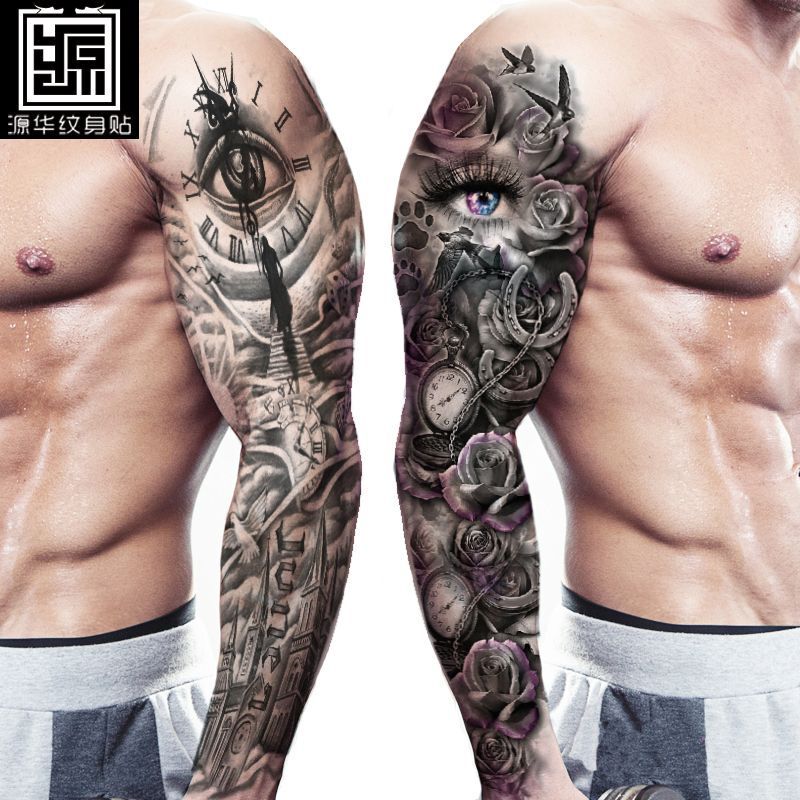 Full Arm Tattoo Stickers Manufacturer Wholesale in Stock Crown Lion Waterproof Tattoo Stickers Cross-Border Supply