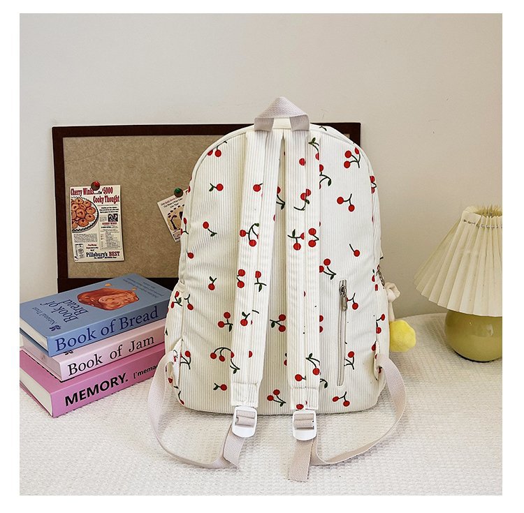 1197g Weight Polyester Lining Material Zipper Closure Type Double Shoulder Straps Strap Type Casual, School, Daily Occasion Corduroy Material Back To School Festival School Backpack Backpack Cherry Pattern All Seasons Season Women's Gender Cute Style Shell Shape Cherry Casual School Daily School Backpack 35