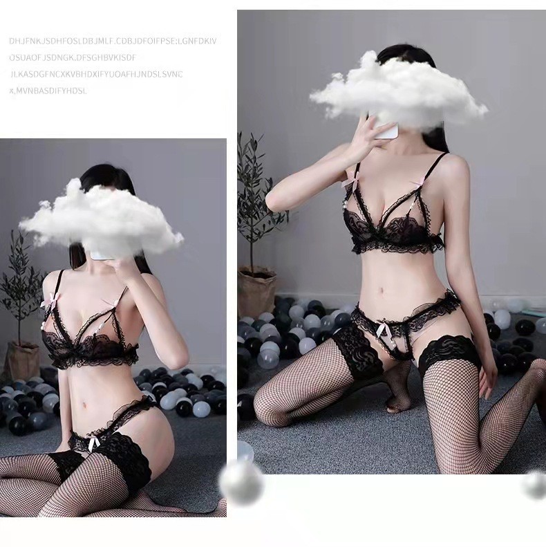Women’s Lace Three-Point Lingerie Set with Pearl Detail, Red, One Size — detail image 7