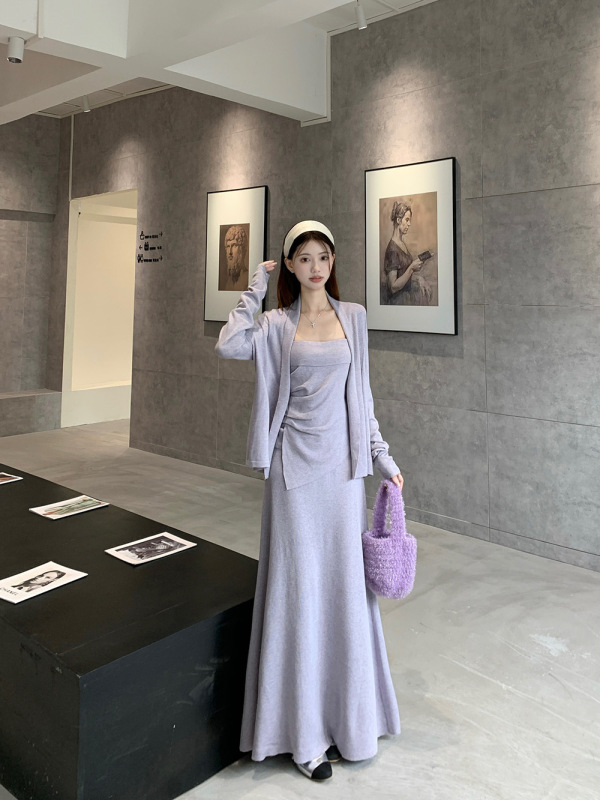 温柔风抹胸褶皱背心长袖开衫外套高腰半身裙女2025秋季新款套装潮|undefined
