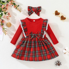 European and American baby bow A-line skirt Baby Christmas holiday long-sleeved dress fashionable plaid skirt