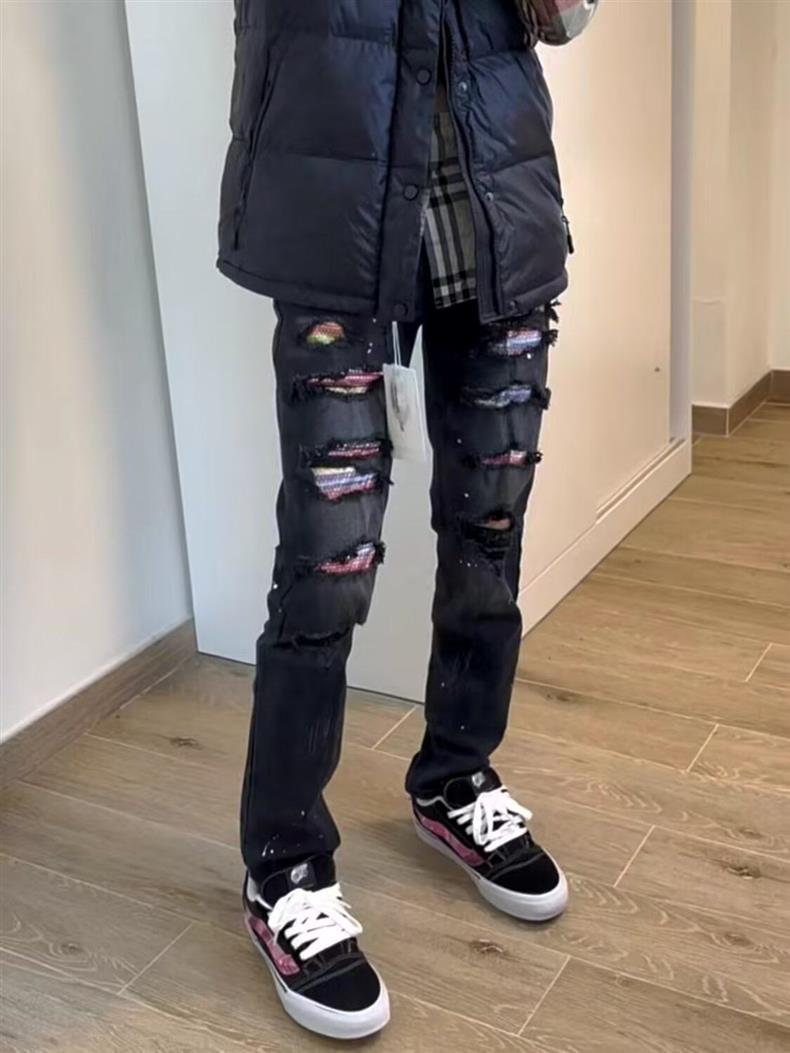 ​​Men's Slim Fit Distressed Patchwork Jeans - High Street Style Black Skinny Ripped Denim Pants For Casual Wear​​_mkmklike.com