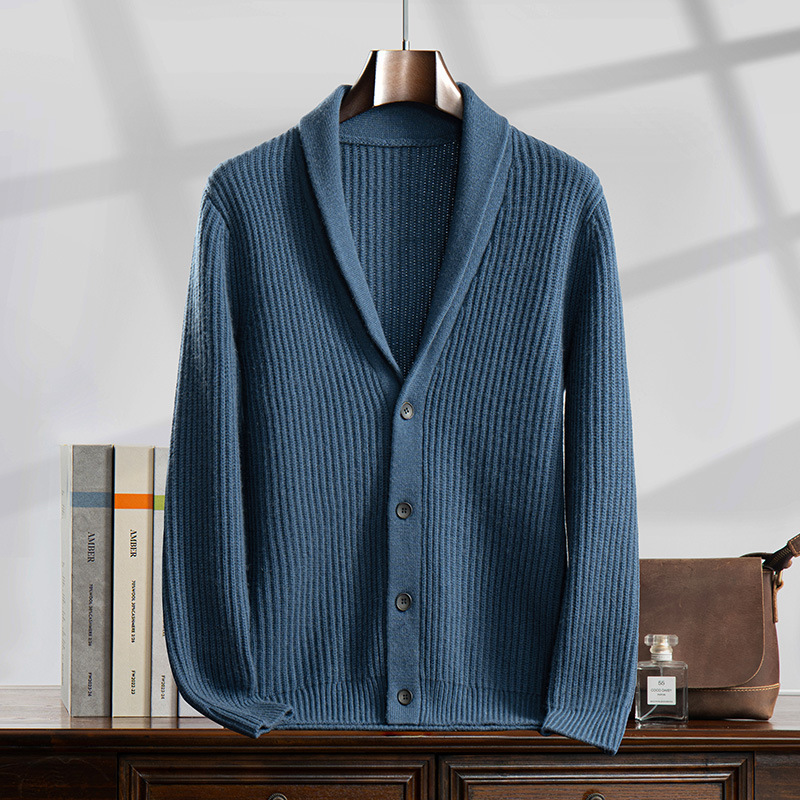 秋の新商品100% 純山のカシミヤの男性の青い果実の襟は厚いカーディガンのビジネスのレジャーのニットの底のシャツのオーバー|undefined