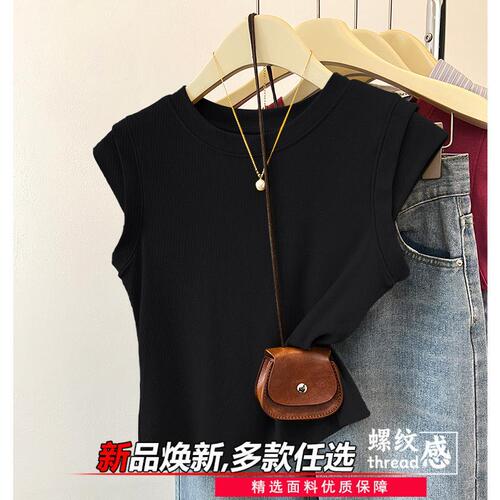 Pure-color regular shoulder, high-waisted plus-size youthful trendy flutter sleeve t-shirt for women, summer design sense, niche top, fashionable