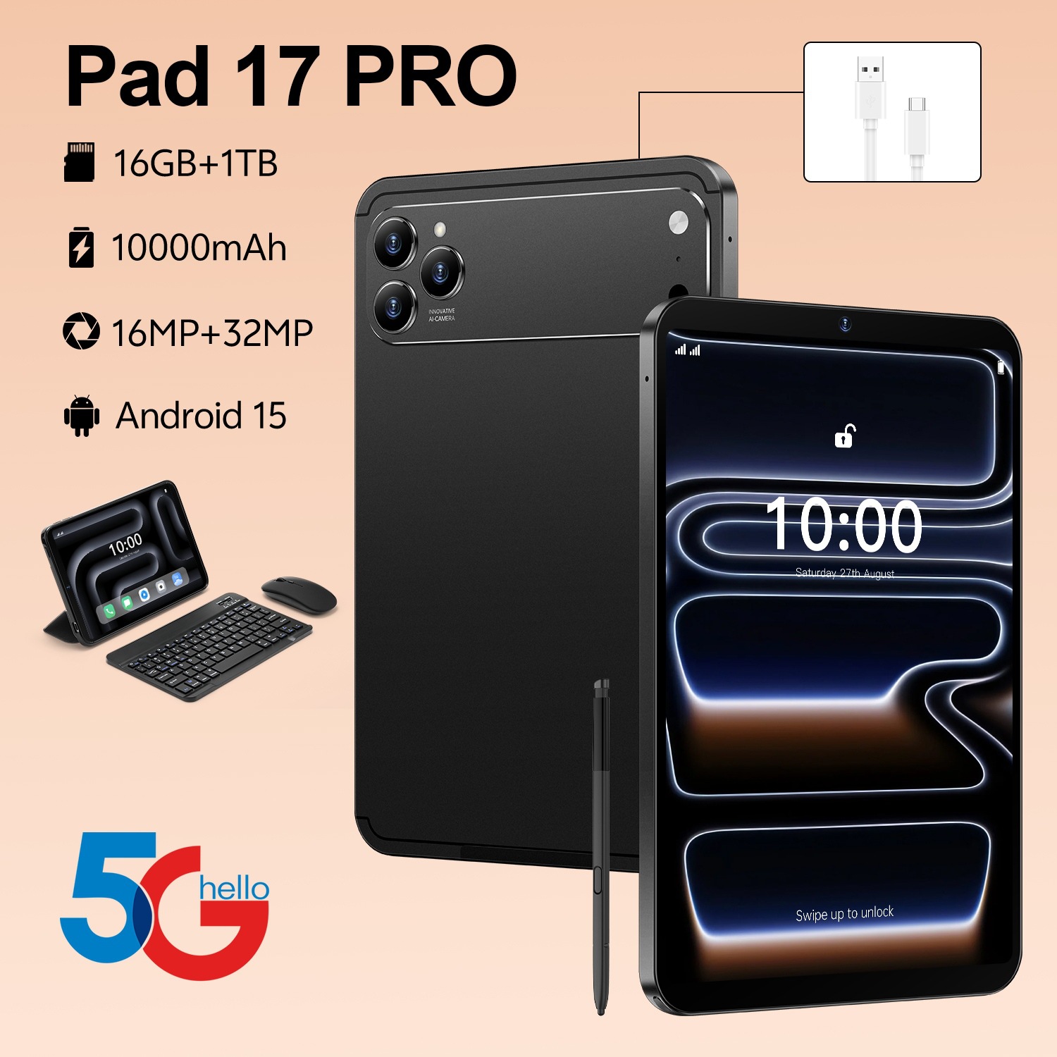 Cross-Border Pad 17 Pro Brand New Android Smart Tablet 16+1Tb from the Source Manufacturer, Available for Immediate Shipment