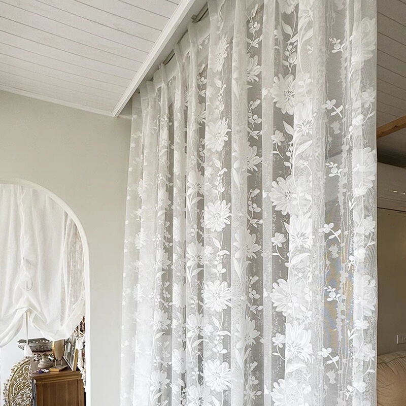 American Dreamy Semi-Transparent White Lace Gauze Curtains Bedroom Living Room Balcony Heat Insulation Sunscreen Gauze Curtain Translucent White Gauze