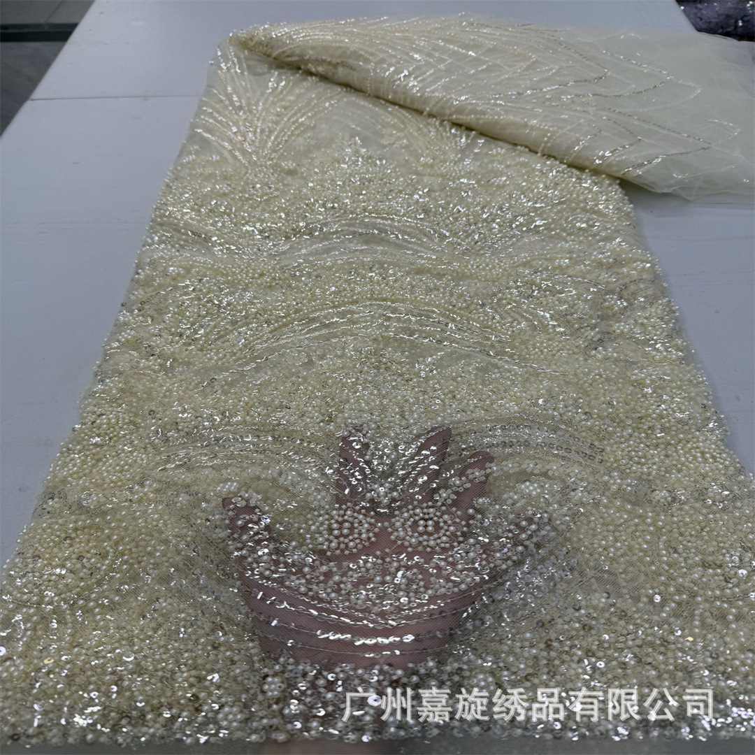 Nuevo diseño de estilo francés con bordado de pequeñas cuentas y lentejuelas, tela de encaje de malla transparente y ligera para vestidos de mujer, ropa infantil y qipao.