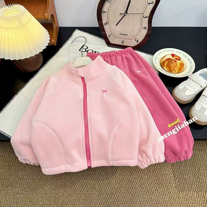 Winter Children's Warm Double-Sided Thickened Suit, Stylish Color-Blocking Pony Embroidery Zipper Jacket Two-Piece Set for Young Children