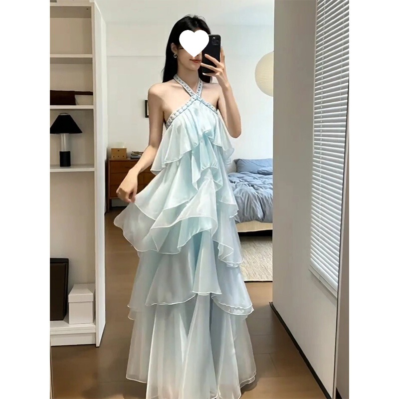 In stock at a fair price, French-style gentle halter neck beaded multi-layered ruffle maxi dress, light luxury slim-fit long dress for women In stock at a fair price, French-style gentle halter neck beaded multi-layered ruffle maxi dress, light luxury slim-fit long dress for women