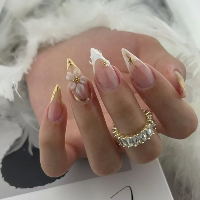 Popular foreign trade item: 24-piece French-style 3D embossed flower and starlight long almond-shaped press-on nails with white edges, wholesale Popular foreign trade item: 24-piece French-style 3D embossed flower and starlight long almond-shaped press-on nails with white edges, wholesale
