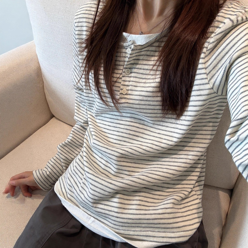 Korean Style Design Striped Fake Two-Piece T-Shirt for Women Autumn and Winter New Style German Velvet Slimming Look Versatile Bottoming Shirt Top
