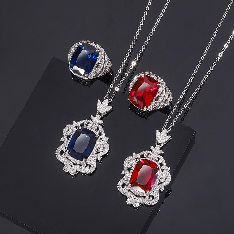 Zhuang Sheng joyería nueva S925 todo el cuerpo de plata traje de simulación de color tesoro corindón avanzado retro traje femenino 12*16