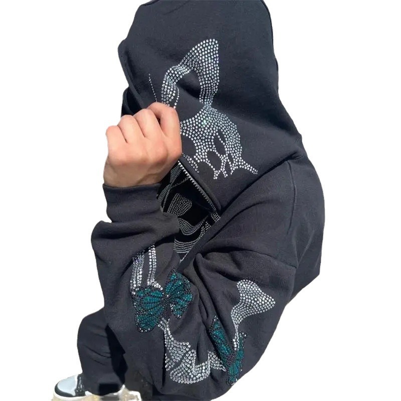 Gilet à capuche imprimé strass, fermeture éclair, coupe ample, unisexe, style Y2K_voghion.com