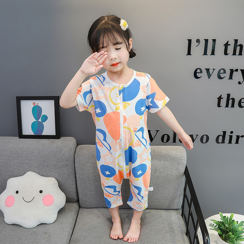 4123# summer baby Short sleeved Sleeping bag Thin section Infants Zip air conditioner Conjoined pajamas