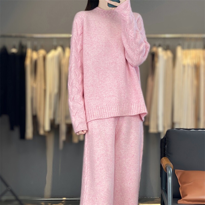 Autumn and Winter New Cashmere Knitted Suit Women's Thickened Round Neck Sweater Loose Wide Leg Pants Fashion Wool Two-Piece Set