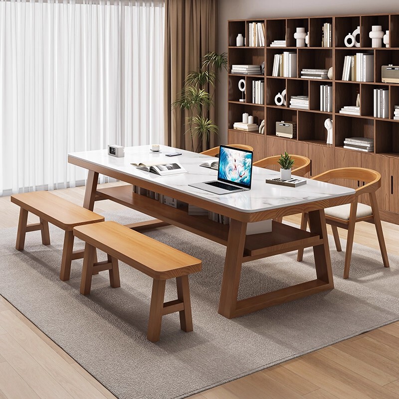 Modern Minimalist High-End Solid Wood Desk with a Rock Slab Surface, Suitable for Home Office Use and as a Reading Table