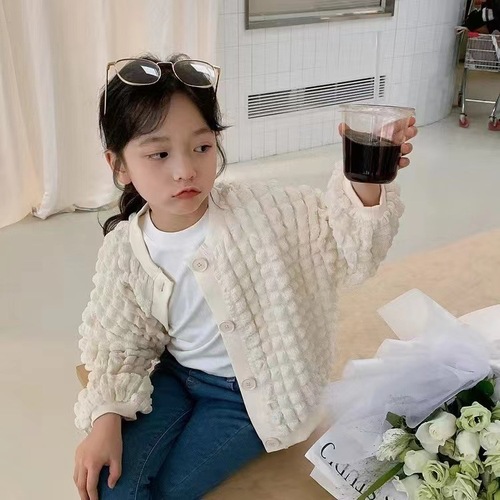 Women's Spring and Autumn  New Bubble Pattern Casual Cardigan for Kids Children Stylish Round Neck Long Sleeve Outerwear