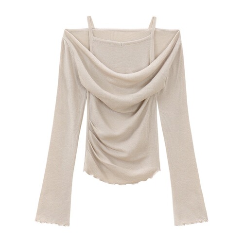 MR [Original Quality] Turtleneck Knitted Sweater with Faux Two-Piece Design and Wooden-Edge Trim, Women's Slimming Long-Sleeved Top, Bottoming Shirt