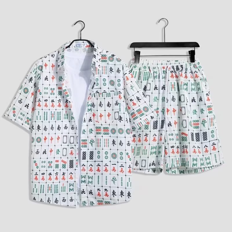Hong Kong estilo ins verano retro moda diversión Mahjong completo impreso camisa pareja Suelta todo-fósforo camisa de manga corta hombres