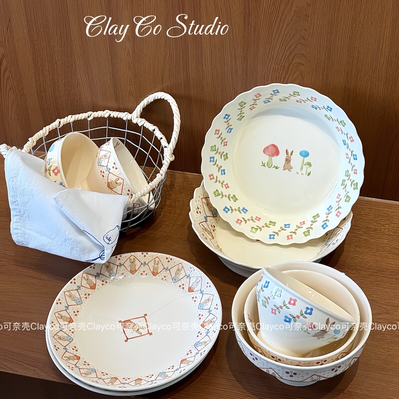 Cute Cartoon Mochi Rabbit Ceramic Bowl Set for Home Use, High Aesthetic Value Rice Bowl, Soup Bowl, and Dinner Plate
