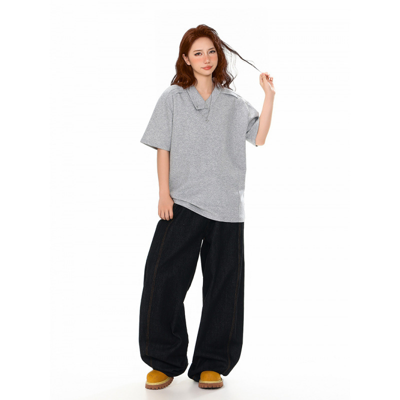 American-Style Irregular Collar Short-Sleeve Polo Shirt, Summer Regular Shoulder Korean Design T-Shirt for Women, Boxy Fit Half-Sleeve