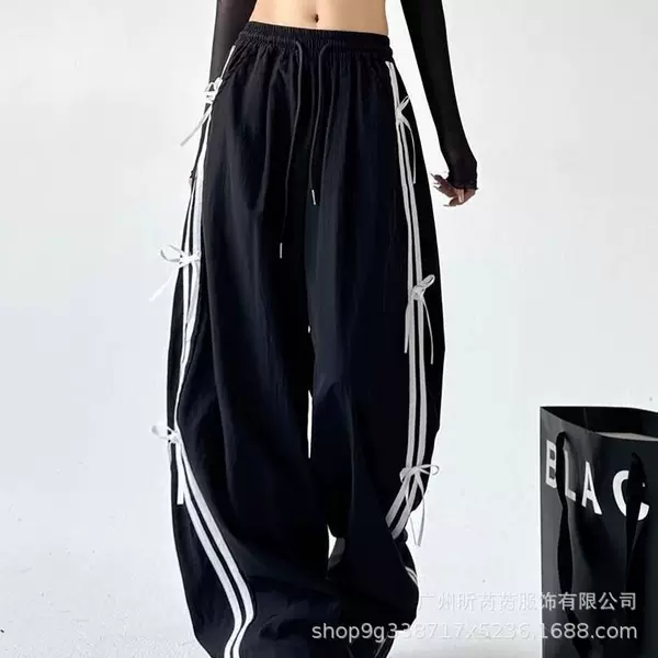 Black Bow-Knot Striped Wide-Leg Casual Pants for Women 2025 Summer New High-Waisted Loose Slimming Straight-Leg Sports Pants