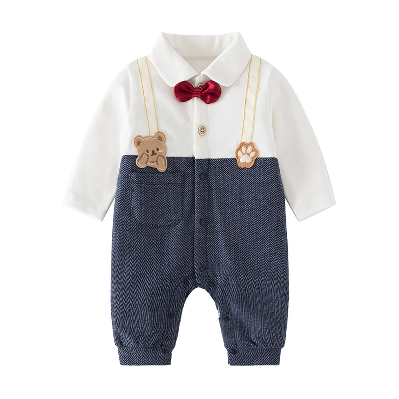 Four Seasons Baby Jumpsuit Bear Newborn Fake Two-Piece Baby Spring Clothes Bow Ties Western-style Hakayama Climbing Suit