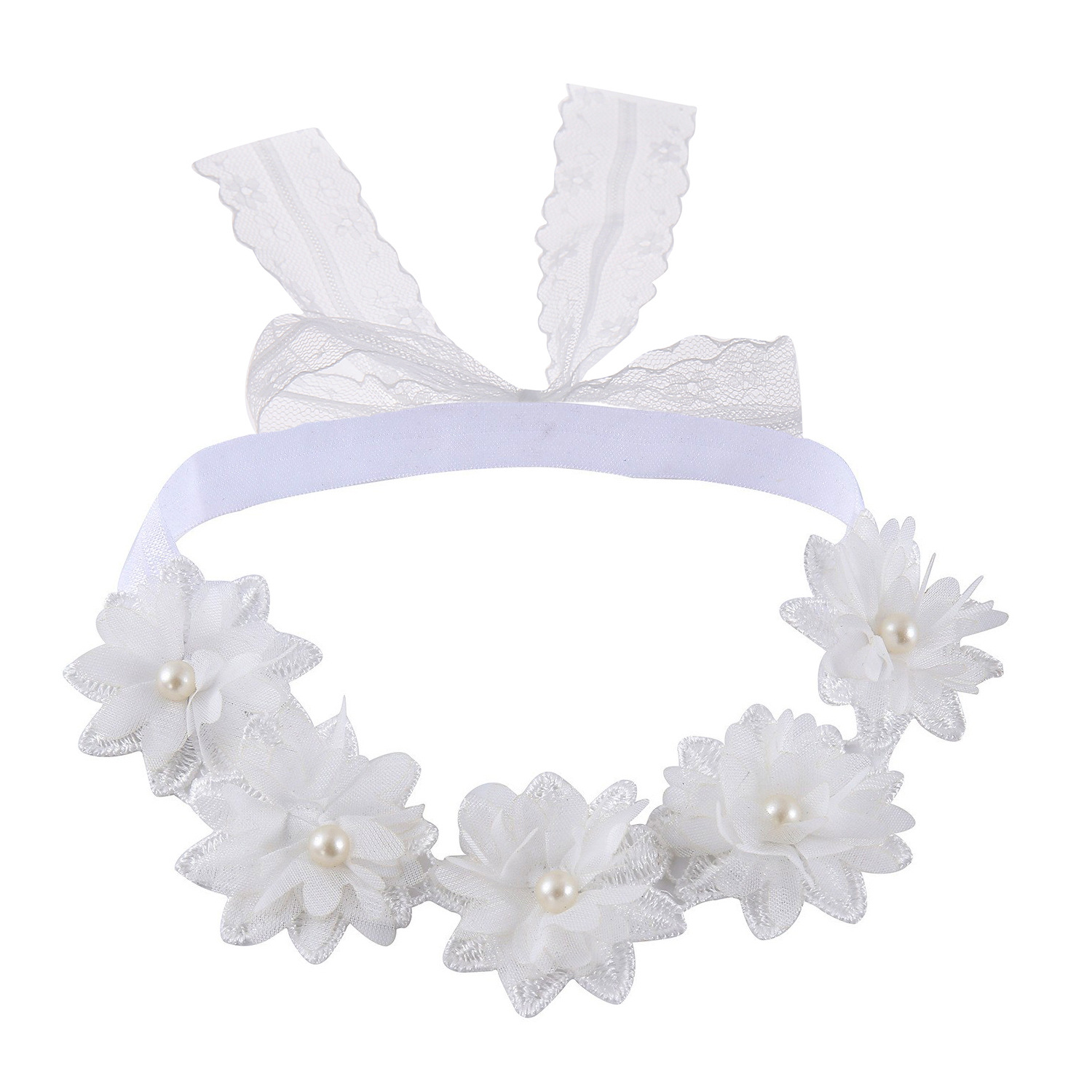 Five pearl flowers in white with bow