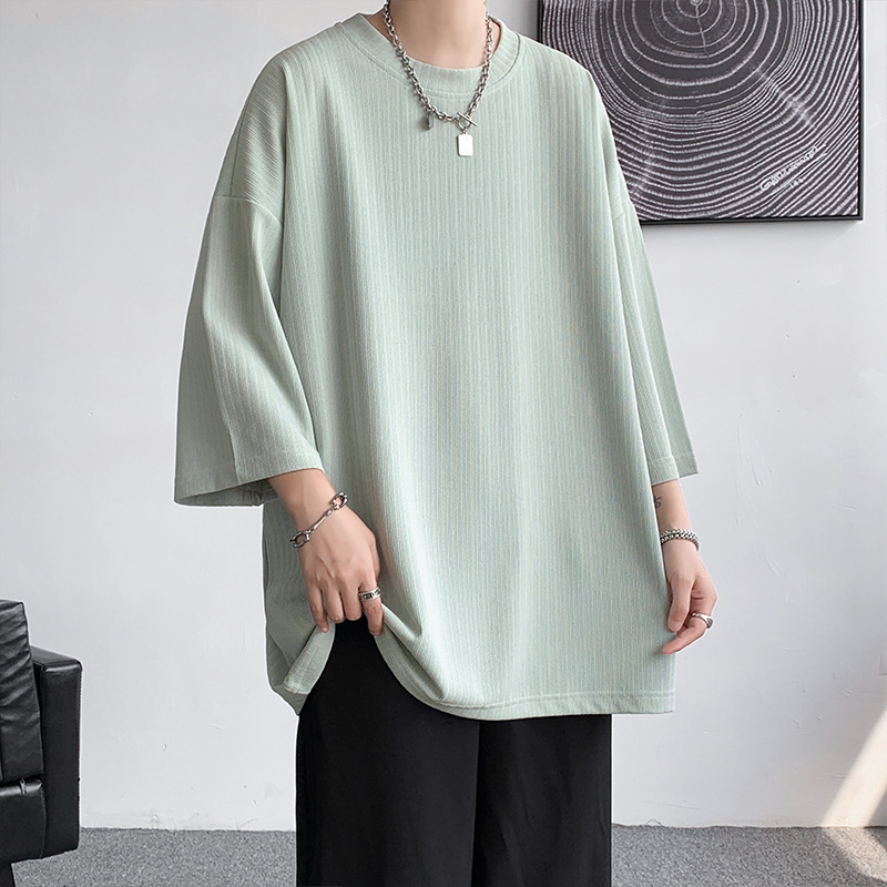 2023 여름 새 남성용 7 소매 티셔츠 하이 퀄리티 아이스 실크 반팔 루즈한 플러스 사이즈 5 소매 티셔츠