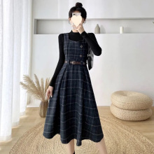 背带裙秋冬法式复古毛呢格子连衣裙名媛小香风套装洋气冬裙两件套