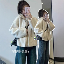 小个子假两件羊羔毛短外套女秋冬季新款小香风加厚摇粒绒棉服棉衣