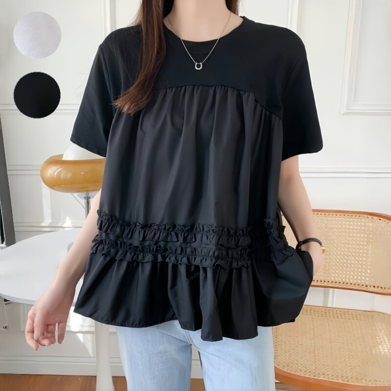 Hot-Selling Popular Japanese-Style Summer Women's Ruffled Color-Block Short-Sleeve Loose T-Shirt Top 2025