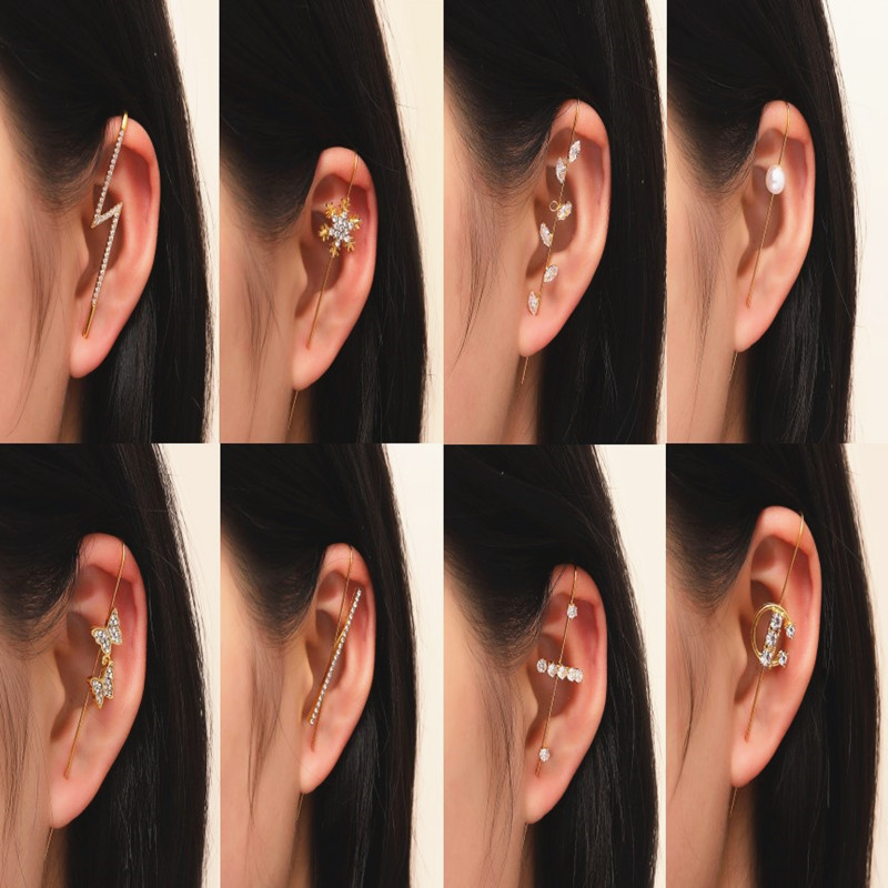 Nuevo estilo europeo y americano estilo frío diamante incrustado gancho para la oreja personalizado piercing oreja pin hembra rayo hoja oreja clip oblicua línea oreja espárragos