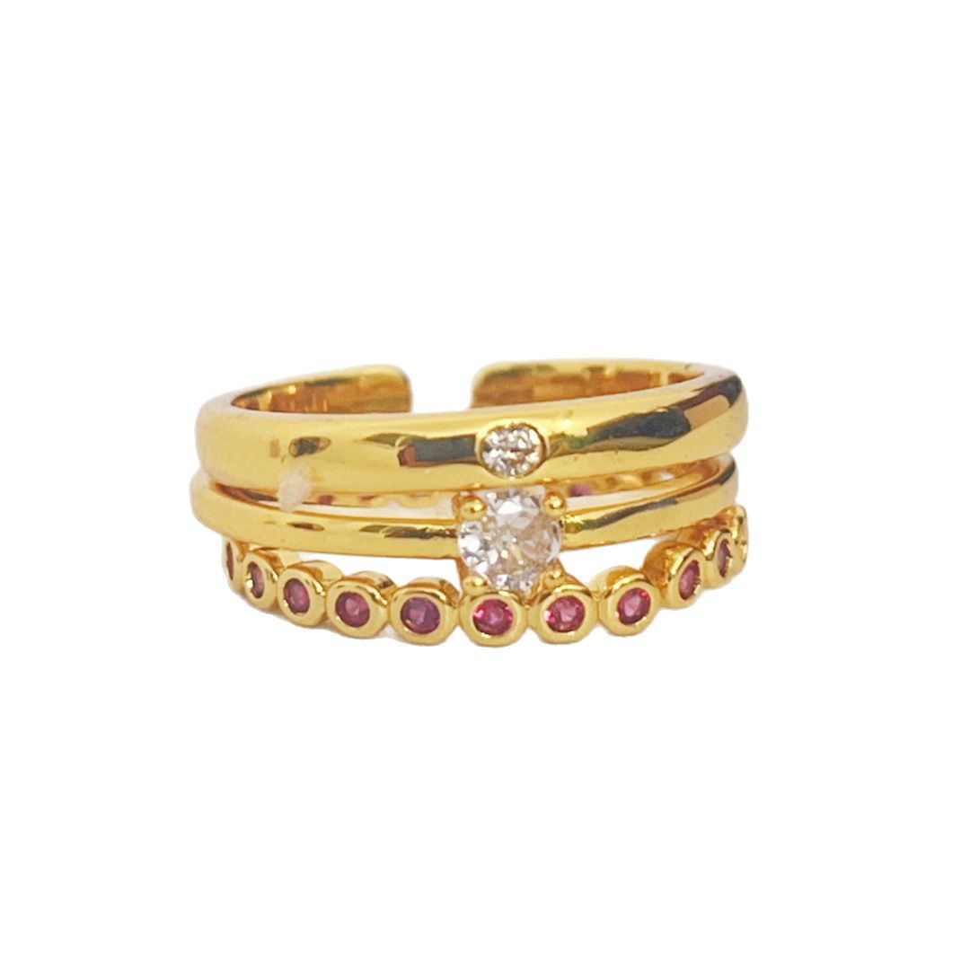 Set di tre pezzi ~ Diamante a punta fine in oro semplice per donna, diamante scintillante, sensazione di lusso di nicchia, impilabile rosso_voghion.com