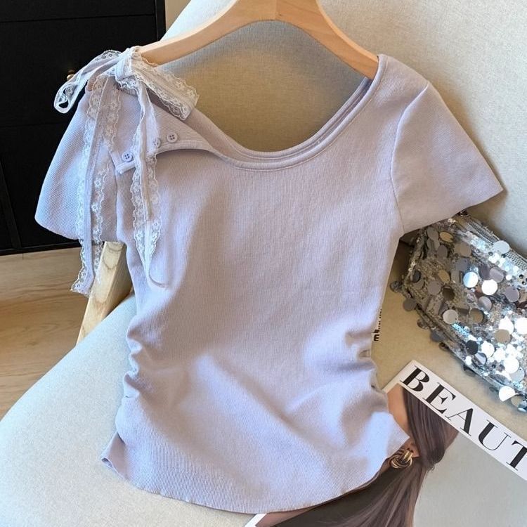French-Style Pure Desire Off-Shoulder Lace Bow Short-Sleeve T-Shirt for Women, New Summer Model, Waist-Cinching, Slimming, Sweet and Spicy Short Top