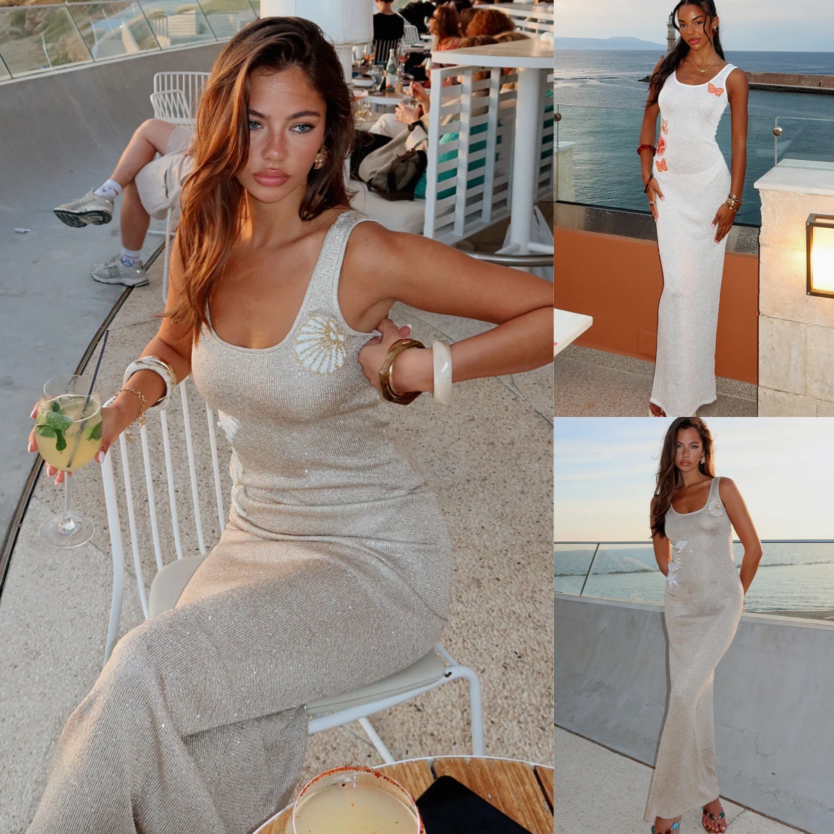 아마존 25 새로운 여름 크로스보더 유럽과 미국 의류 섹시한 밝은 실크 메쉬 드레스 비치 스커트 서스펜더 롱 스커트